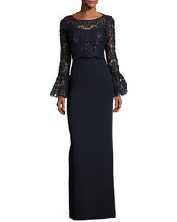 Rickie Freeman For Teri Jon Long Bell Sleeve Sequined Lace Popover Gown Blue