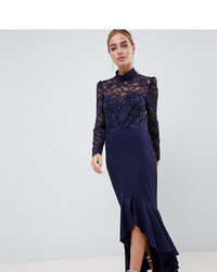 City Goddess Petite Long Sleeve High Neck Fishtail Maxi Dress With Lace Detail