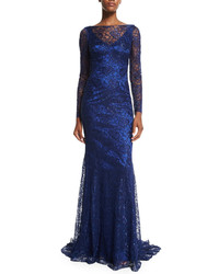 Theia Long Sleeve Metallic Lace Gown