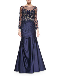 La Femme Long Sleeve Ruched Lace Satin Gown Navy