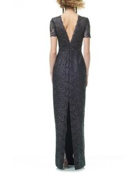 Theia Short Sleeve Lace Column Gown