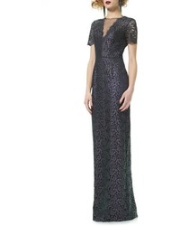 Theia Short Sleeve Lace Column Gown