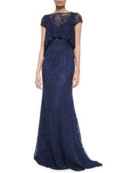 Monique Lhuillier Short Sleeve Lace Gown With Popover Top