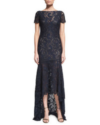 Theia Short Sleeve Lace High Low Gown