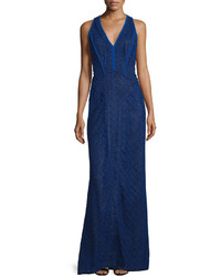 J. Mendel Sleeveless V Neck Lace Overlay Gown Imperial Blue