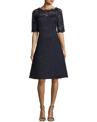 Rickie Freeman For Teri Jon 34 Sleeve Lace Fit  Flare Cocktail Dress Navy