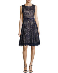 Eliza J Fit And Flare Belted Lace Dress Navy