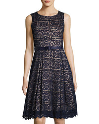 Eliza J Fit And Flare Belted Lace Dress Navy