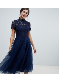 Chi Chi London Tall High Neck Lace Midi Dress With Tulle Skirt In Navy