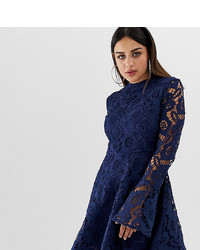 PrettyLittleThing Lace Fluted Sleeve Skater Dress In Navy