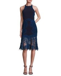 JONATHAN SIMKHAI Lace Overlay Fit Flare Silk Dress