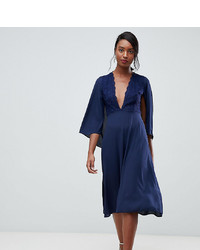 John Zack Tall Lace Top Midi Skater Dress With Cape Detail In Navy