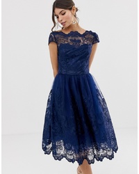 Chi Chi London Premium Lace Midi Dress With Cap Sleeve In Navynavy