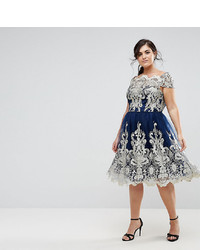 Chi Chi London Plus Premium Metallic Lace Midi Prom Dress With Bardot Neck