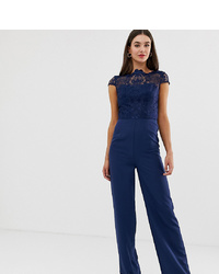 Chi Chi London Tall High Neck 2 In 1 Lace Jumpsuit In Navy