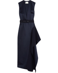 SOLACE London Simpson Asymmetric Belted Charmeuse Midi Dress Navy