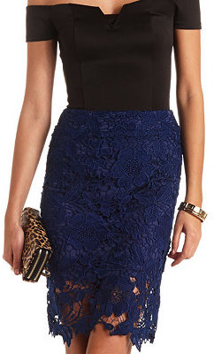 Navy Lace Pencil Skirt - Skirts