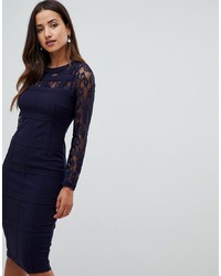 Girl In Mind Grid Lace Long Sleeve Bodycon Dress