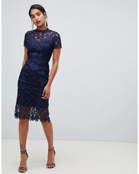 Chi Chi London High Neck Lace Pencil Dress In Navy