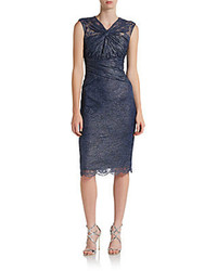 Badgley Mischka Knot Front Shimmer Lace Dress