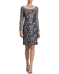 Kay Unger New York Long Sleeve Metallic Lace Cocktail Dress