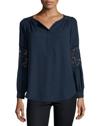 Neiman Marcus Lace Inset Peasant Tunic Navy