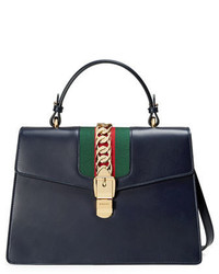 Gucci Sylvie Leather Top Handle Satchel Bag Blue