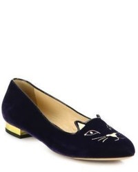 Charlotte Olympia Kitty Embroidered Velvet Flats