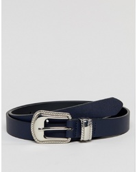 ASOS DESIGN Faux Leather Skinny Belt In Navy With Western
