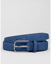 ASOS DESIGN Smart Faux Leather Slim Belt In Navy With Silver