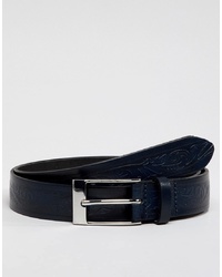 ASOS DESIGN Smart Slim Leather Belt With Floral Emboss In Navy
