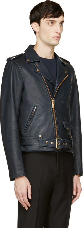 Blackmeans Navy Blue Ssense Leather Biker Jacket, $1,925 | SSENSE ...