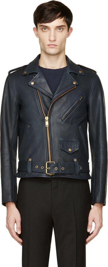 Blackmeans Navy Blue Ssense Leather Biker Jacket, $1,925 | SSENSE ...