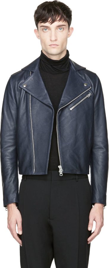 Acne Studios Navy Leather Gibson Jacket, $1,450 | SSENSE | Lookastic