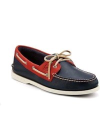Sperry Topsider Shoes Authentic Original 2 Eye Relaxed Leather Boat Shoe Navy Red Relaxed Leather