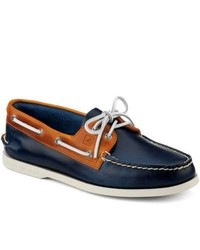 Sperry Topsider Shoes Authentic Original Cyclone Leather 2 Eye Boat Shoe Dark Blue Tan Leather