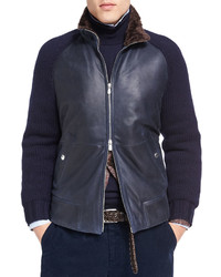 Brunello Cucinelli Cashmere Sleeve Leather Bomber With Shearling Lining