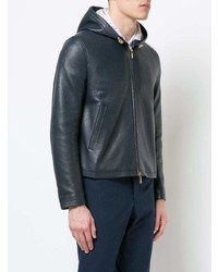 Thom Browne Hooded Zip Up Jacket With Red White And Blue Intarsia Back Stripe In Deerskin