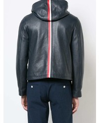 Thom Browne Hooded Zip Up Jacket With Red White And Blue Intarsia Back Stripe In Deerskin