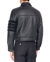 Thom Browne Leather Bomber Jacket With Shearling Stripes