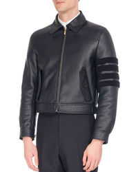 Thom Browne Leather Bomber Jacket With Shearling Stripes