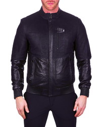 Maceoo Mixed Media Navy Black Leather Jacket