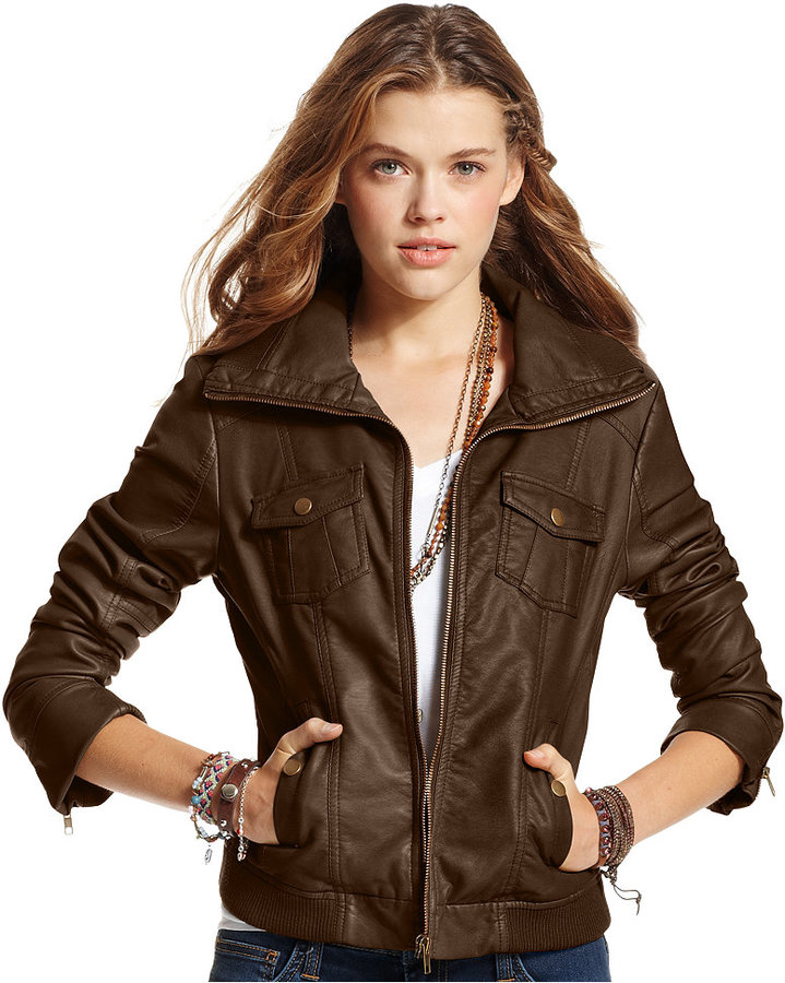 Women's Faux Leather Bomber Jacket - Universal Thread Brown L