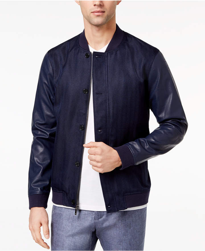 Ryan Seacrest Distinction Slim Fit Navy Herringbone Varsity Bomber ...