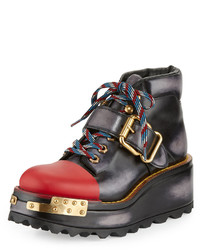 Prada Buckle Leather 60mm Hiking Boot Blackscarlet
