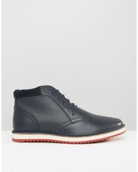 Asos Lace Up Boots In Navy Leather With Ripple Sole