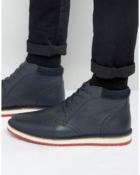 Asos Lace Up Boots In Navy Leather With Ripple Sole
