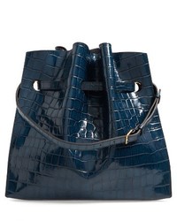Mulberry Tyndale Croc Embossed Calfskin Leather Bucket Bag Blue