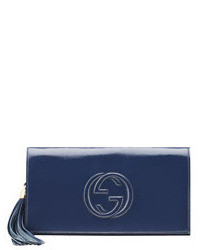 Gucci Soho Patent Leather Clutch Bag Uniform Blue Navy