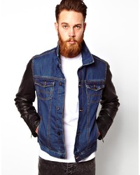 Asos Denim Jacket With Faux Leather Sleeve